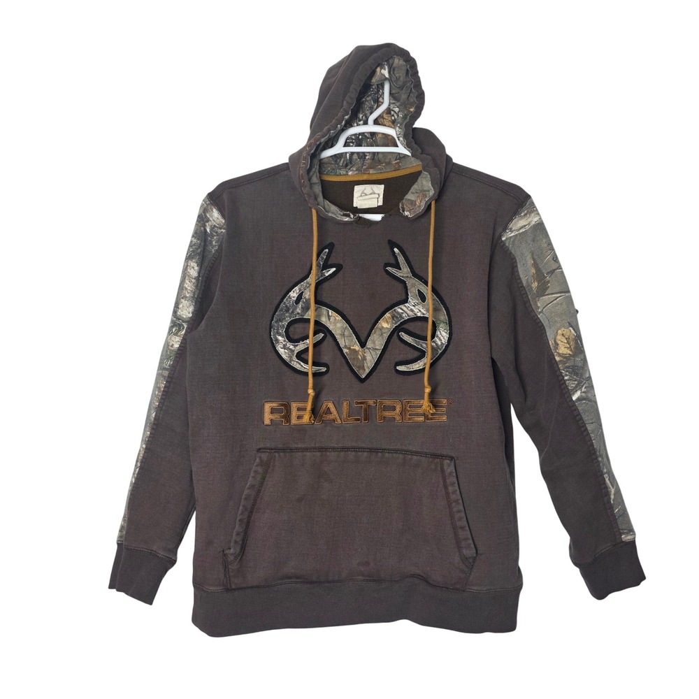 Realtree Mens Camo Sleeve Logo Hoodie Brown Large Antler Embroidered Pullover